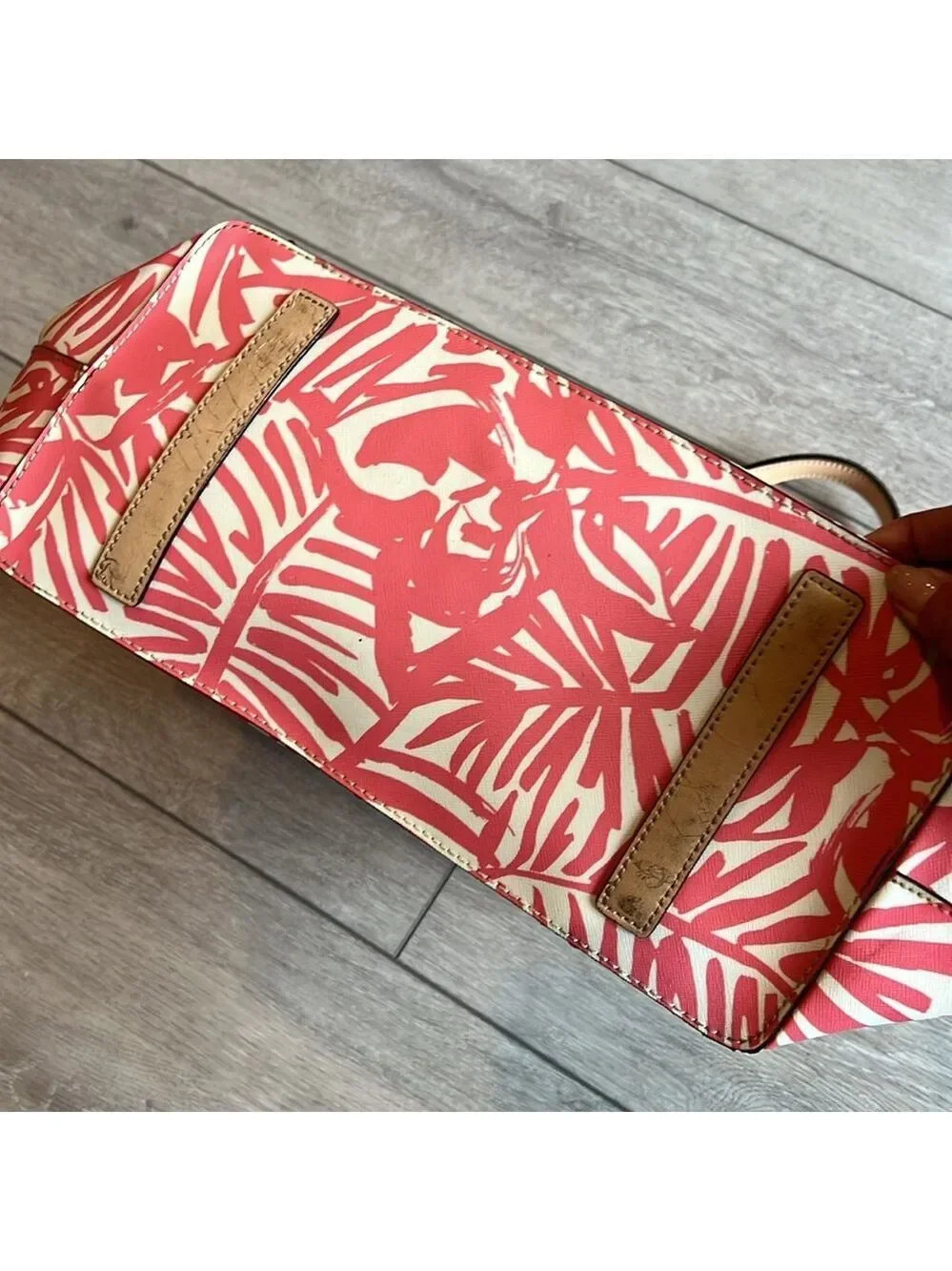 Kate Spade grant street Palm Pink Palm Leaf Print large leather Tote bag